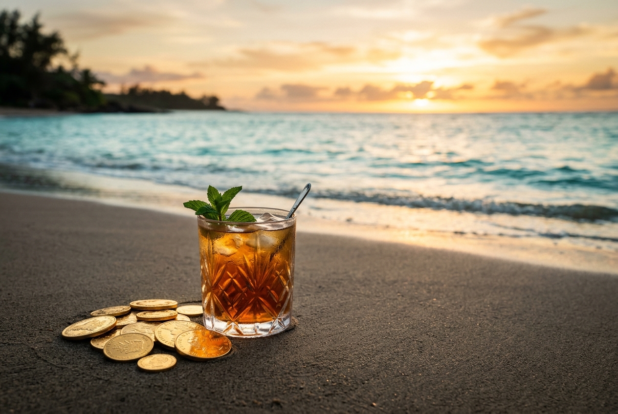 Gold coins on a Pacific beach beside a glass of iced tea overlooking the ocean