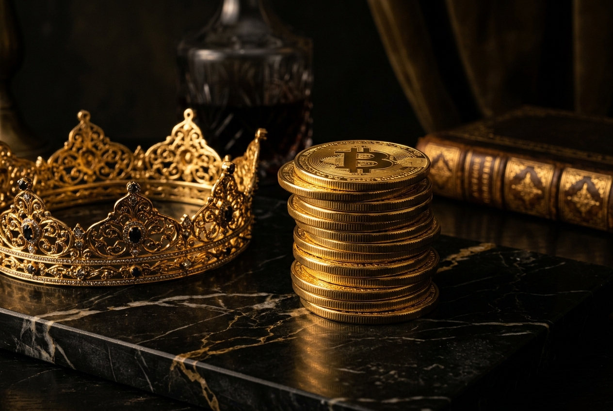 Gold Bitcoin coins and a crown — trading royalty