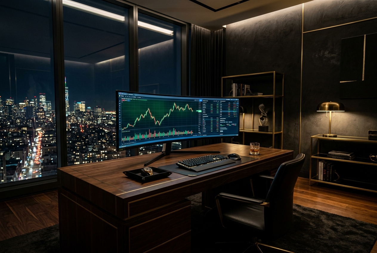 Ultra-premium trading office with a large multi-monitor stock trading setup