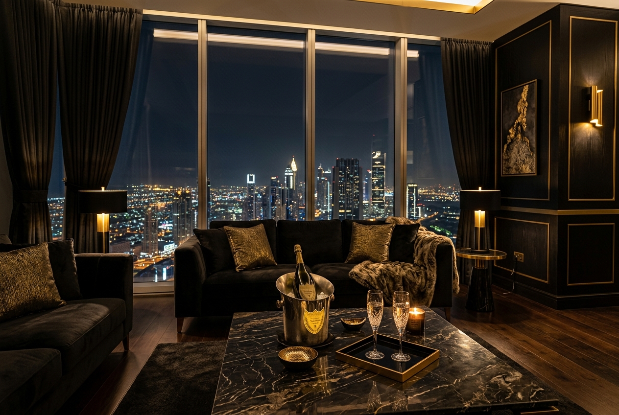 Opulent penthouse overlooking a city skyline