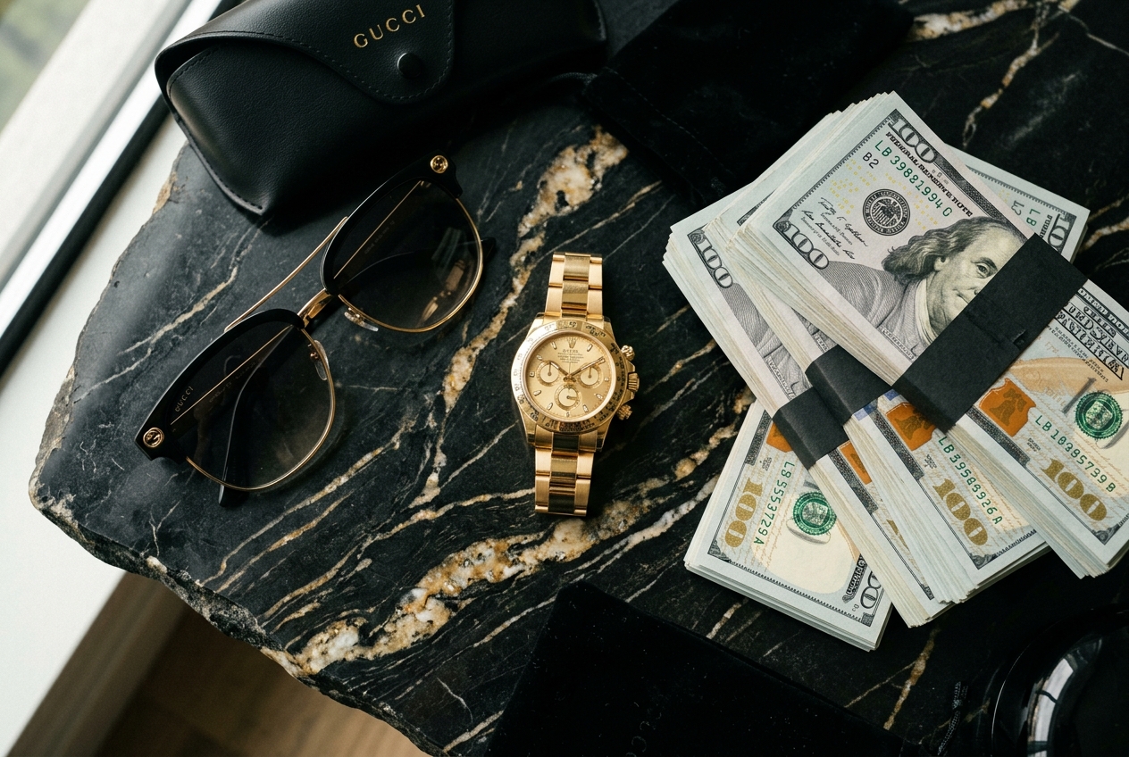 Luxury watch and wealth flatlay