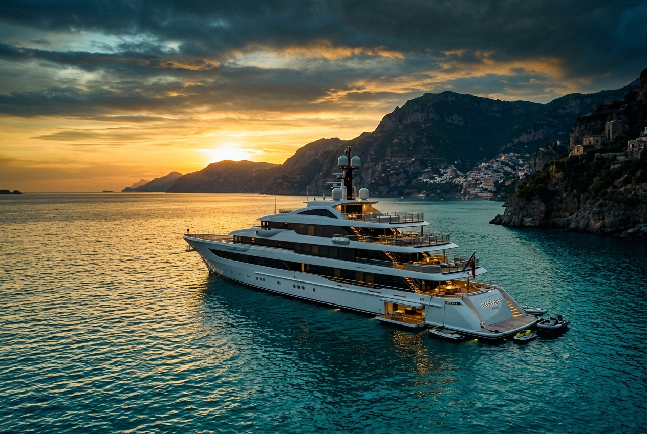 Luxury superyacht at sunset